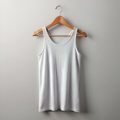 A clean and simple white tank top hangs on a wooden hanger against a plain grey background.