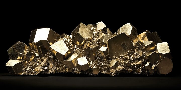 Golden pyrite crystal cluster on black background.