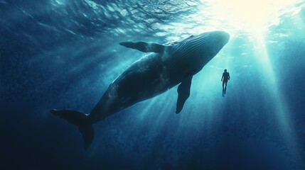 Fototapeta premium An underwater scene where a diver is facing a massive whale. The diver appears small in comparison, floating in the vast, deep blue ocean.