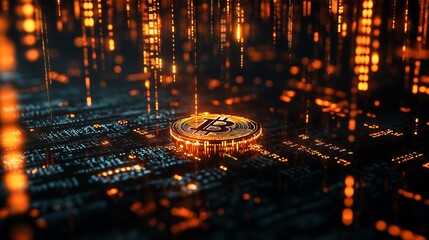 A futuristic representation of digital currency, with glowing coins or symbols floating in a matrix-like background of binary code, symbolizing the concept of cryptocurrency in the digital age.