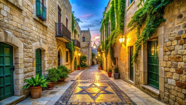 Vibrant cobblestone streets and ancient stone buildings adorned with Stars of David in a quaint, historic Jewish quarter, surrounded by lush greenery and modern architecture.