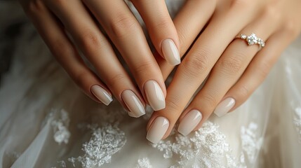 Elegant female hands with a chic wedding manicure, focusing on the sophisticated nail design that complements the bride's