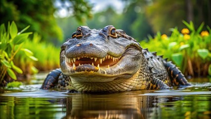 Fototapeta premium Majestic American alligator emerges from murky waters of Louisiana bayou, showcasing scaly skin and powerful jaws in natural habitat surrounded by lush greenery.