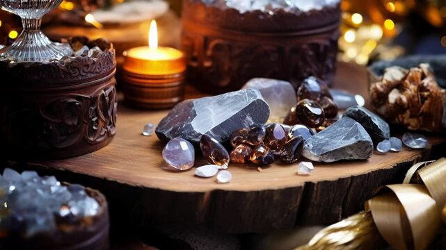 Gemstones and crystals are displayed on a wooden surface, creating a magical and festive atmosphere with warm christmas lights in the background