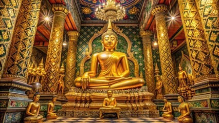 Obraz premium Majestic golden Buddha statue surrounded by intricate carvings and ornate decorations, situated within a serene and ornate temple complex in Bangkok, Thailand.