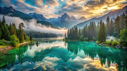 Obraz premium Majestic misty dawn breaks over serene turquoise lake surrounded by lush green forest and majestic mountains in a breathtaking outdoor adventure landscape.