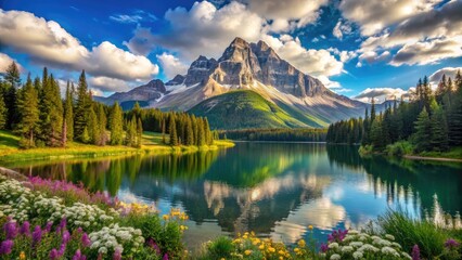 Majestic mountain peak rises above serene alpine lake, surrounded by lush green forest and wildflowers, under a vibrant blue sky with puffy white clouds.