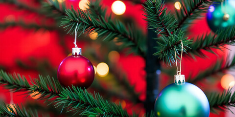 Fototapeta premium christmas tree decorations on red