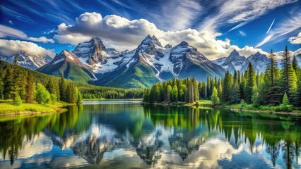 Fototapeta premium Majestic snow-capped mountain peaks rise above lush green forests and serene lakes, set against a vibrant blue sky with wispy white clouds, perfect for wallpaper.