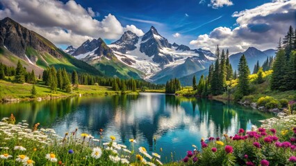 Fototapeta premium Majestic snow-capped mountain peaks rise above serene alpine lake, surrounded by lush green forest and vibrant wildflowers, under a brilliant blue sky with white clouds.