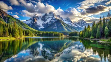 Majestic snow-capped mountain peaks rise above serene alpine lake, surrounded by lush green forests, under a brilliant blue sky with wispy white clouds.