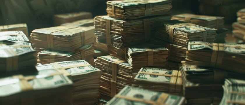 Stacks of closely-packed bundles of dollar bills, symbolizing wealth, finance, and significant monetary value, create a striking visual.