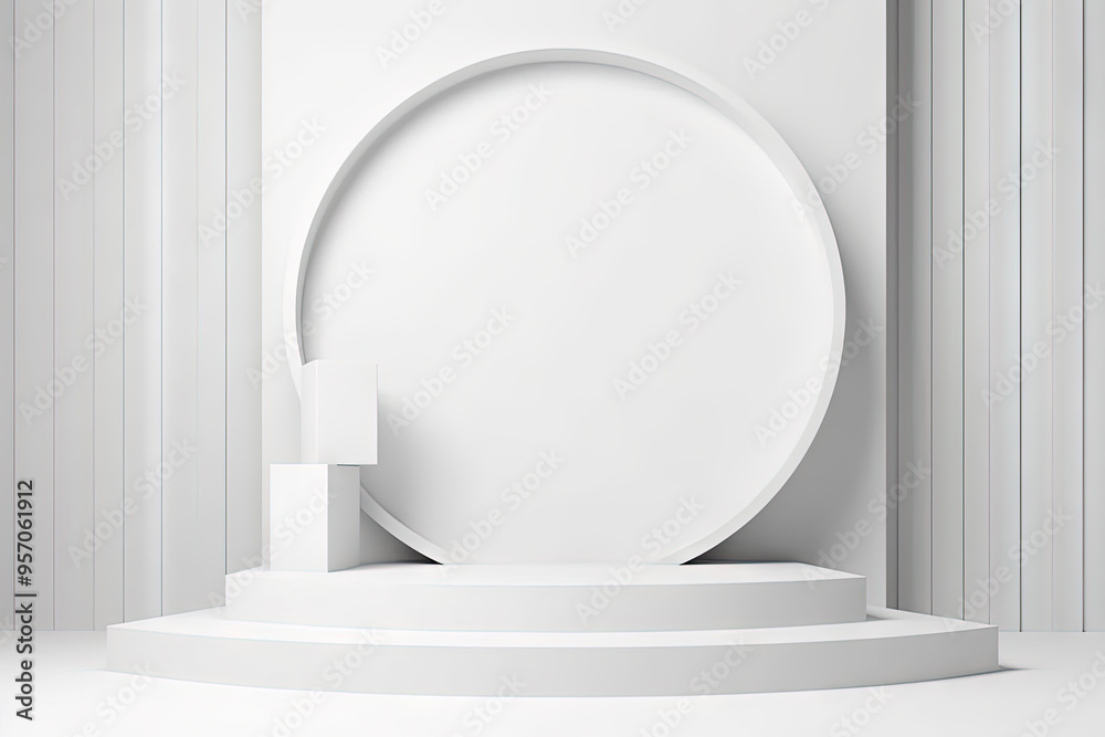 Poster pedestal in the room in white color with geometric shapes. podium for product showcase with geometri