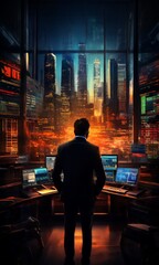 Obraz premium man in suit looking at city skyline