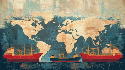 Fototapeta premium Global trade visual featuring ships and a world map, symbolizing the complexity of