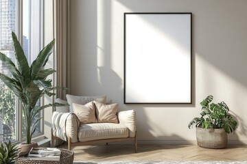 Poster Frame in Beige minimalist living room interior created with generative AI
