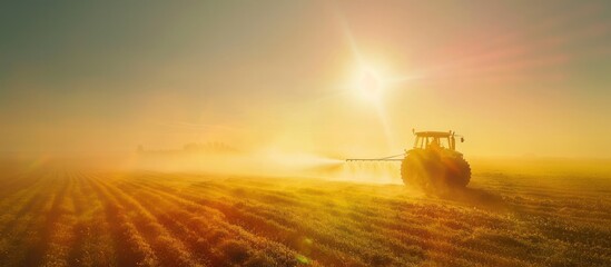 Obraz premium Tractor Working in Golden Sunset Lit Agricultural Field at Countryside Scenery Farming Machinery Plowing or Cultivating the Land During Harvest Time