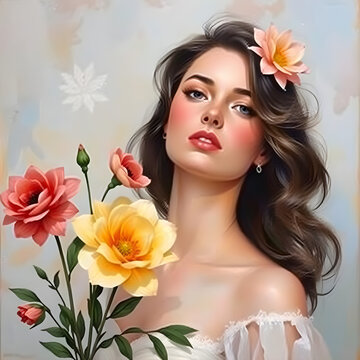 Una hermosa mujer de largo cabello y hermosas flores