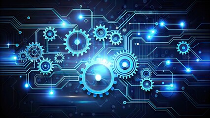 Obraz premium Minimalist illustration of interconnected gears, wires, and circuits forming a futuristic system, showcasing technical harmony and digital integration through sleek, modern line art design.