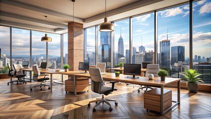 Fototapeta premium Modern corporate environment with sleek wooden desks, ergonomic chairs, and large windows, surrounded by cityscape, evoking professionalism and productivity.