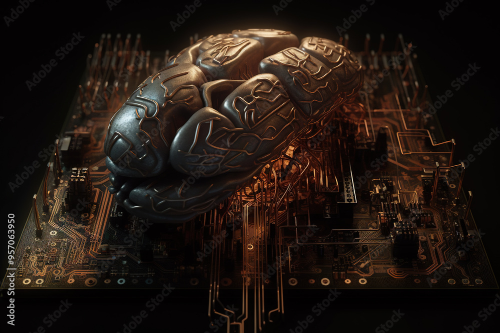 Poster Artificial intelligence science concept with technological AI brain on the circuit board.