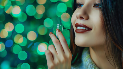 Obraz premium woman with card in front of blurred green background