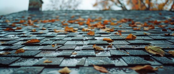 Fallen autumn leaves scattered across a damp, shingled roof create a charming seasonal scene full of textures and muted natural tones.