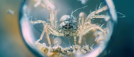 A close-up view of a spider under a magnifying glass, focusing on its intricate details and textures, evoking curiosity and wonder about the micro world.
