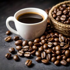 Delicious coffee beans in a white cup on a grey scarf