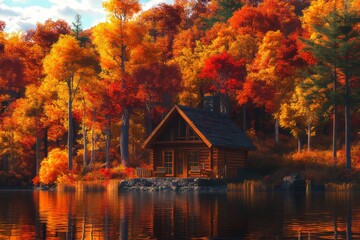 Fototapeta premium In the autumn forest, a cozy stone cottage overlooks a lake