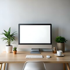 Clean and minimalist desktop workspace featuring a computer with a blank screen. a keyboard. mouse. and subtle decor.