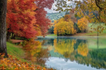 The perfect symmetry of a beech fir forest in autumn reflected in the lake water in Selva de Irati, Navarra, Spain