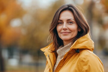 Naklejka premium A happy woman in her 40s wearing a windbreaker against an autumn leaf backdrop.