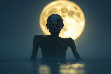 Creepy siren with decayed features, emerging from foggy waters, silhouetted against a full moon, Halloween horror