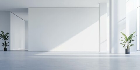 Fototapeta premium Empty white room with plants and sunlight.