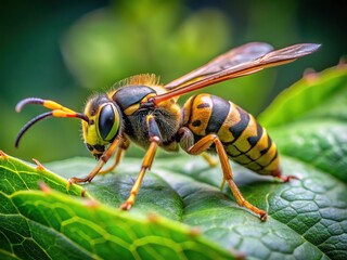A small wasp's body, delicate wings, and slender antennae are photographed in sharp focus on a vibrant green leaf with a softly blurred background.