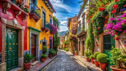 Fototapeta premium Vibrant colorful houses with intricate tile work and ornate decorations line a narrow street in a picturesque Mexican town, surrounded by lush greenery and bright flowers.