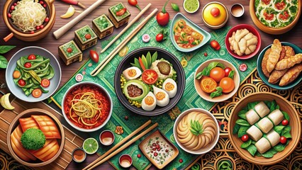 Vibrant colorful illustration of assorted Asian dishes including sushi, noodles, dumplings, and stir-fry, arranged artfully on a ornate paper menu with intricate designs.