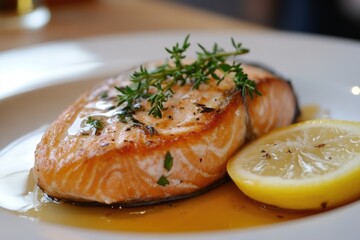 Grilled Salmon with Thyme and Lemon Wedge on White Plate