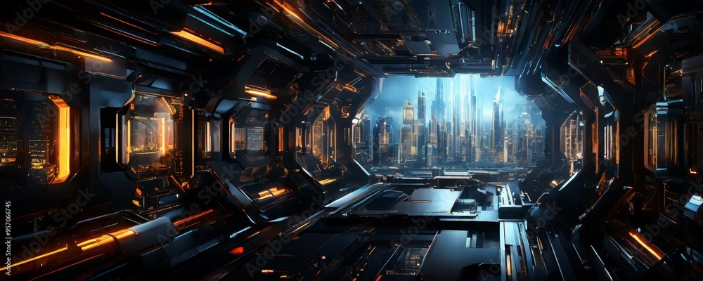 Poster futuristic city with looking building