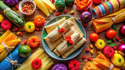 Vibrant colorful illustration of traditional Mexican tamales wrapped in corn husks, surrounded by festive pi&ntilde;atas, sombreros, and marigolds, with bold lines and textures.