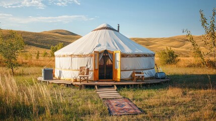 An elegantly decorated yurt with high-end camping equipment, positioned in a beautiful natural landscape.