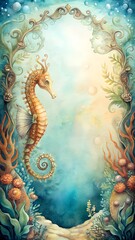 Fototapeta premium Ornate Seahorse Framed by Decorative Coral and Seaweed in Fantasy Underwater Scene