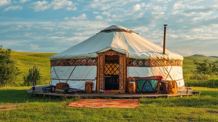 An elegantly decorated yurt with high-end camping equipment, positioned in a beautiful natural landscape.