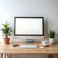 Fototapeta premium Clean and minimalist workspace with a blank computer screen. perfect for showcasing your website or app design.