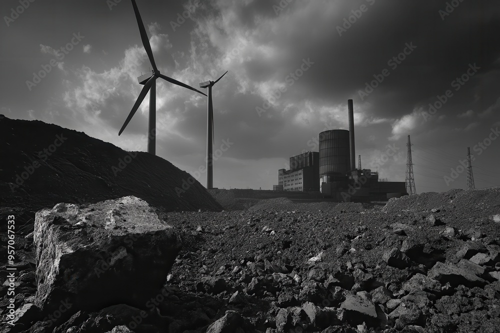 Aufkleber closed coal mines coexist with wind turbines and old factories, representing the shift towards renew