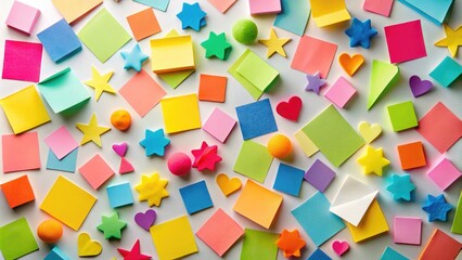Vibrant colorful sticky notes in various shapes and sizes are scattered across a white surface, forming a playful, creative, and organized mess of reminders and ideas.