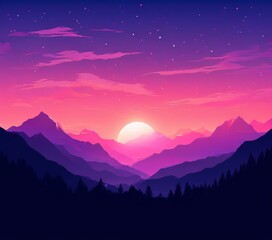 sunset with mountains and trees