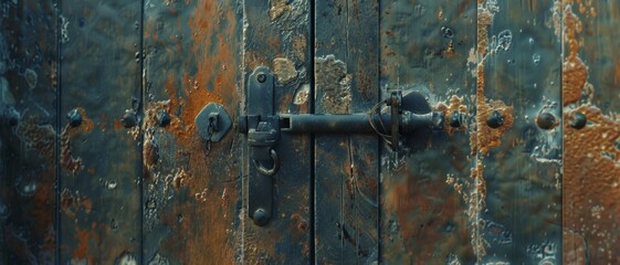 A weathered, rustic metal door with a vintage lock, exuding an aura of history and rugged charm.