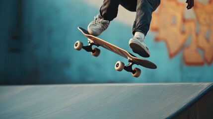 Skilled Skateboarder Performing Gravity Defying Trick in Mid Air on Urban Ramp